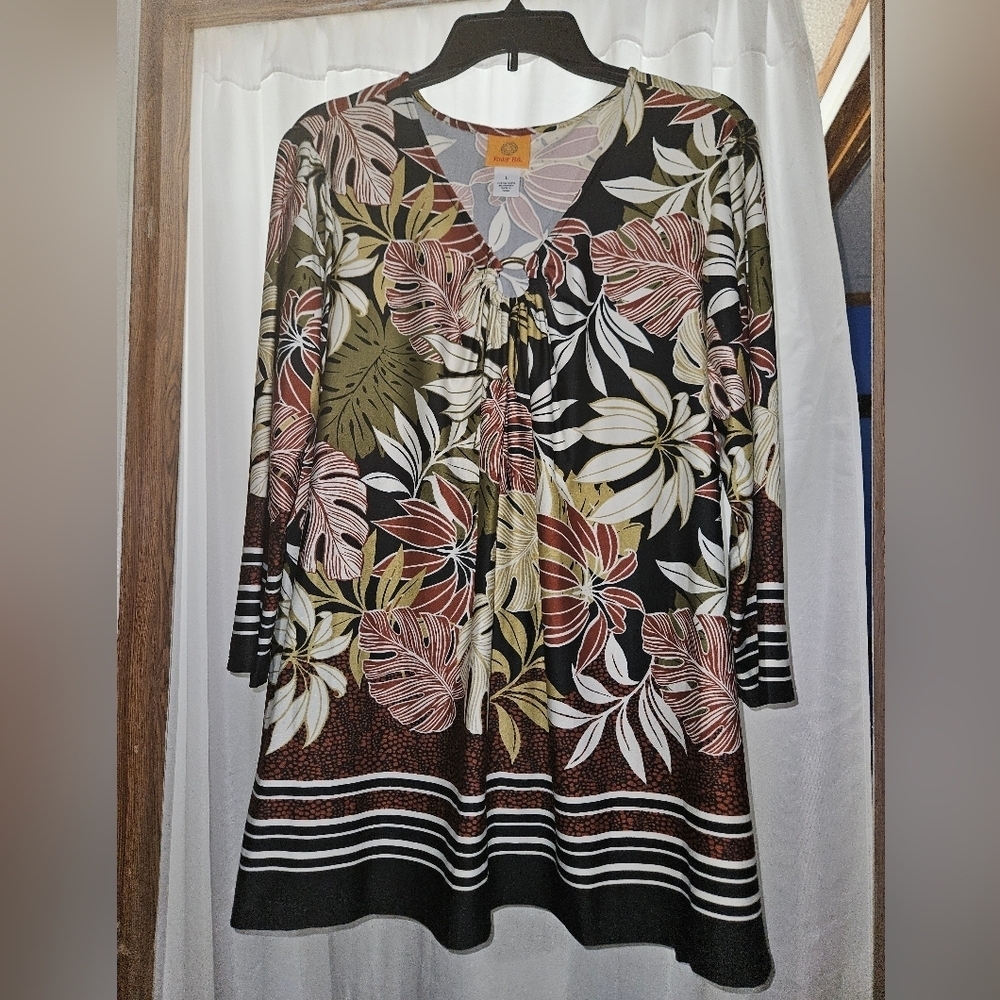 Ruby Rd Blouse Women Brown Green Leafy Floral Long Sleeve V Neck!